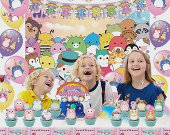 Squishy Plush Birthday Party Kit 102 Pcs | Banner, Backdrop, Balloons, Stickers & Cake Toppers