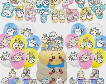 Kawaii Japanese Anime Birthday Party Kit | Character Banner, Balloons, Cake Toppers