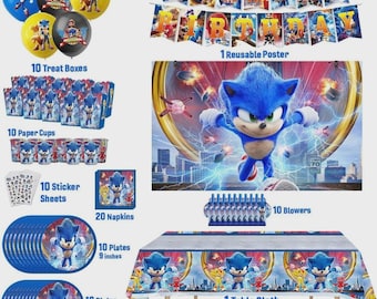 Blue Hedgehog Birthday Party Tableware Kit | Plates, Cups, Napkins, Balloons & Banner Set