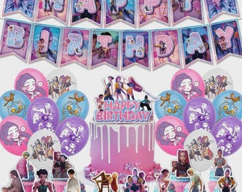 K-Pop Birthday Party Decorations Kit | Girl Group Theme Banner, Balloons & Cake Toppers