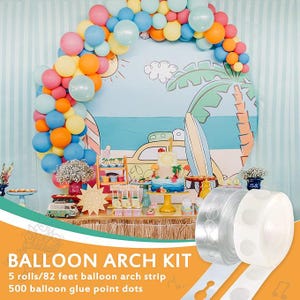 May include: A colorful balloon arch kit with 5 rolls of balloon strip and 500 glue dots. The image shows a party scene with a balloon arch in shades of blue, yellow, orange, and pink. The background features a beach theme with a surfboard and a cake.