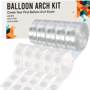 May include: A balloon arch kit with rolls of clear plastic tape and adhesive dots. The packaging reads "BALLOON ARCH KIT" and "Create Your First Balloon Arch Easier." The kit promises "NO MESS," "EASY TO USE," and "FUN TO CREATE."
