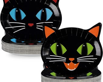 50-Piece Black Cat Shaped Paper Plates, 9-Inch Die-Cut Party Set