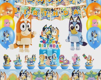 Bluey Birthday Party Decorations Set | Banner, Balloons, Cake Topper, Tablecloth