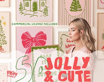 May include: A collection of Christmas digital prints with a festive theme. The prints feature illustrations of a house, a Christmas tree, and a bow, in shades of green, pink, and white. The text "JOLLY & CUTE" is prominently displayed, along with the words "CHRISTMAS DIGITAL PRINTS".