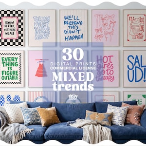 May include: A collection of thirty digital art prints displayed in frames on a wall above a blue sofa. The prints feature various graphic designs, including text, bows, and illustrations in colours like pink, blue, green, and black, with the text 30 DIGITAL PRINTS COMMERCIAL LICENSE MIXED TRENDS overlaid.