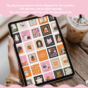 May include: A digital tablet screen displaying a grid of various Halloween-themed illustrations, including ghosts, skeletons, pumpkins, black cats, and text such as In My Witchy Era, Too Glam To Give A Damn, and Hocus Pocus, featuring a colorful palette.