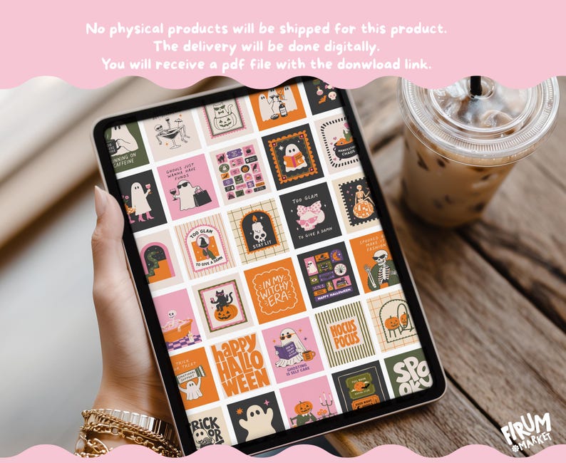 May include: A digital tablet screen displaying a grid of various Halloween-themed illustrations, including ghosts, skeletons, pumpkins, black cats, and text such as In My Witchy Era, Too Glam To Give A Damn, and Hocus Pocus, featuring a colorful palette.