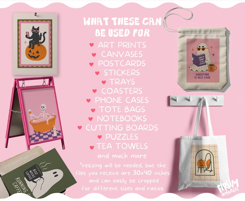 May include: A digital display featuring various Halloween-themed illustrations on art prints, a tote bag, and a drawstring pouch. The text lists potential uses including art prints, canvases, postcards, stickers, trays, coasters, phone cases, tote bags, notebooks, cutting boards, puzzles, and tea towels, noting files are 30x40 inches.