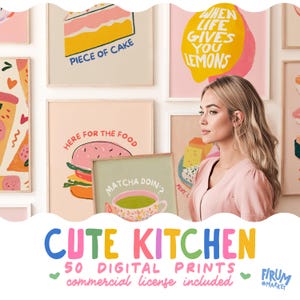 May include: A collection of colorful kitchen art prints. The prints feature food-related illustrations, including a slice of cake, a burger, and a lemon. The text includes "Piece of Cake", "When Life Gives You Lemons", and "Matcha Doin'?" The image also includes the text "Cute Kitchen".