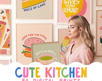 Colorful Cute Kitchen Art Set of 50 Posters, Commercial Use License, Funny Food Maximalist Gallery, Bright Dining Room Dopamine Decor | 121