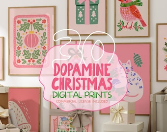 May include: A collection of framed digital prints with a Christmas theme. The prints feature illustrations of a gift, a bird, and a cat, all in a pink and green color scheme. The text "Dopamine Christmas Digital Prints" is also visible.