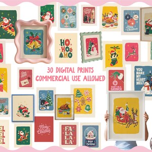 May include: A collection of 30 digital Christmas-themed prints featuring illustrations of Santa Claus, snowmen, reindeer, holiday treats, and festive text. The display includes various framed and unframed art pieces with colorful holiday motifs.