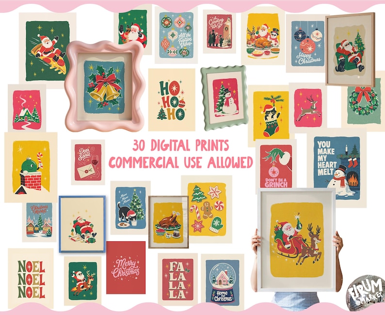 May include: A collection of 30 digital Christmas-themed prints featuring illustrations of Santa Claus, snowmen, reindeer, holiday treats, and festive text. The display includes various framed and unframed art pieces with colorful holiday motifs.