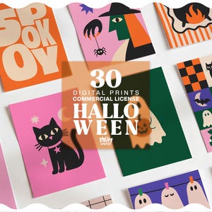 May include: A collection of thirty digital Halloween prints featuring colourful graphic illustrations of black cats, ghosts, witches, pumpkins, and bats. The central overlay text reads 30 DIGITAL PRINTS COMMERCIAL LICENSE HALLOWEEN FIRUM MARKET.