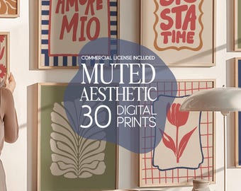 May include: Aesthetic wall art prints in wooden frames. The prints feature phrases like "Amore Mio" and "Siesta Time", along with botanical and geometric designs. The image includes the text "Muted Aesthetic 30 Digital Prints".
