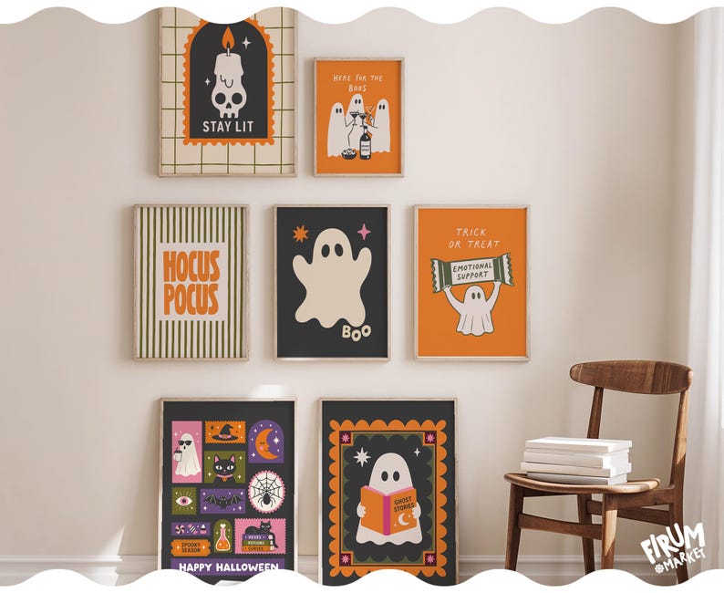 May include: A collection of seven framed wall art prints featuring Halloween themes, including ghosts, a skull candle with the text STAY LIT, HOCUS POCUS, a ghost holding a sign saying EMOTIONAL SUPPORT, and various spooky icons like cats and bats.