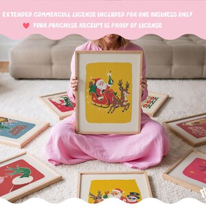 May include: A rectangular framed print featuring a yellow background with a graphic illustration of Santa Claus in a red sleigh pulled by a reindeer. The text at the top reads: EXTENDED COMMERCIAL LICENSE INCLUDED FOR ONE BUSINESS ONLY. YOUR PURCHASE RECEIPT IS PROOF OF LICENSE.