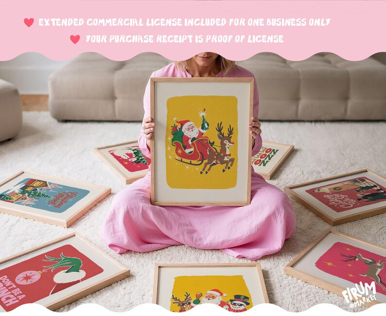 May include: A rectangular framed print featuring a yellow background with a graphic illustration of Santa Claus in a red sleigh pulled by a reindeer. The text at the top reads: EXTENDED COMMERCIAL LICENSE INCLUDED FOR ONE BUSINESS ONLY. YOUR PURCHASE RECEIPT IS PROOF OF LICENSE.