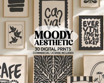 Eclectic Moody Black and Beige Set of 30 Prints, Modern Minimalist Printable Posters, Commercial License Wall Art, Reseller Art Prints | 132