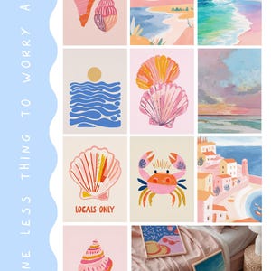 May include: A collection of colorful beach-themed art prints. The prints feature illustrations of seashells, ocean waves, coastal landscapes, and a crab. The color palette includes pinks, blues, oranges, and yellows. The text "ONE LESS THING TO WORRY ABOUT" is visible.