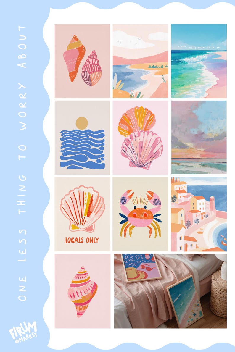 May include: A collection of colorful beach-themed art prints. The prints feature illustrations of seashells, ocean waves, coastal landscapes, and a crab. The color palette includes pinks, blues, oranges, and yellows. The text "ONE LESS THING TO WORRY ABOUT" is visible.