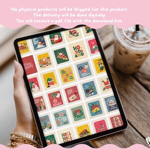 May include: A digital tablet screen displaying a grid of twenty-five colorful Christmas-themed illustrations, including Santa Claus, snowmen, reindeer, holiday ornaments, and festive text like Ho Ho Ho, Merry Christmas, and Fa La La on a white background.