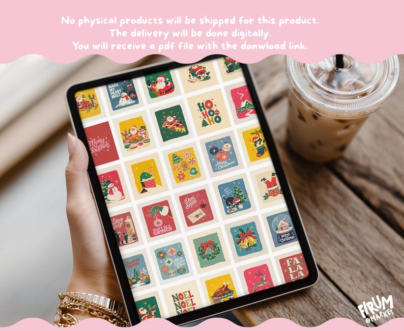 May include: A digital tablet screen displaying a grid of twenty-five colorful Christmas-themed illustrations, including Santa Claus, snowmen, reindeer, holiday ornaments, and festive text like Ho Ho Ho, Merry Christmas, and Fa La La on a white background.