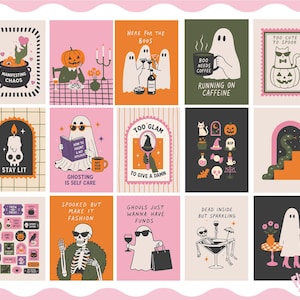 May include: A collection of fifteen rectangular art prints featuring Halloween-themed illustrations. Designs include ghosts, skeletons, pumpkins, and cats with text such as Manifesting Chaos, Stay Lit, Ghosting Is Self Care, and Dead Inside But Sparkling.