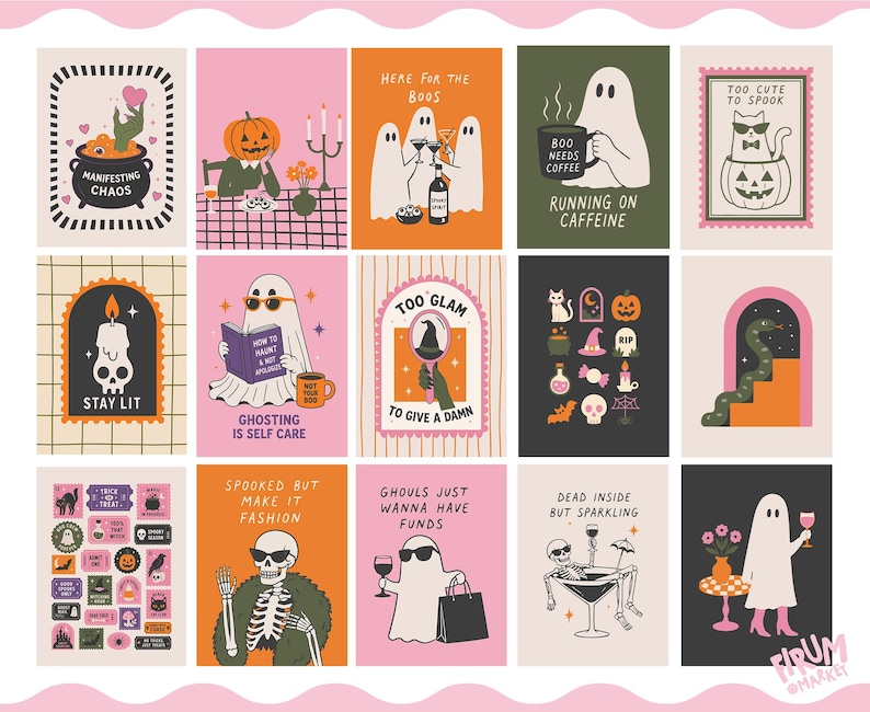 May include: A collection of fifteen rectangular art prints featuring Halloween-themed illustrations. Designs include ghosts, skeletons, pumpkins, and cats with text such as Manifesting Chaos, Stay Lit, Ghosting Is Self Care, and Dead Inside But Sparkling.