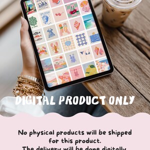May include: A digital product displayed on a tablet featuring a grid of colorful beach-themed illustrations. The tablet is on a wooden table next to an iced coffee. Text on the image reads "DIGITAL PRODUCT ONLY".