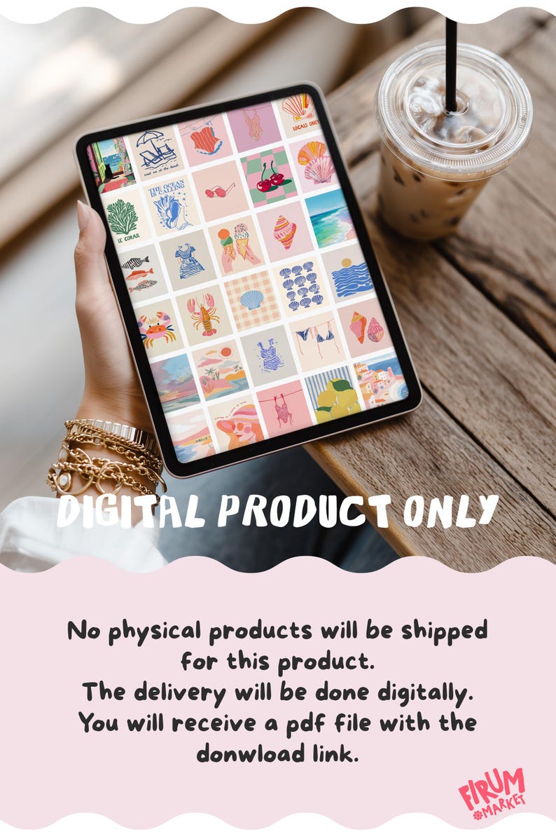 May include: A digital product displayed on a tablet featuring a grid of colorful beach-themed illustrations. The tablet is on a wooden table next to an iced coffee. Text on the image reads "DIGITAL PRODUCT ONLY".