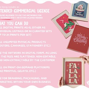 May include: Four framed Christmas-themed art prints on a pink background. The prints feature a snow globe with a house, a winter cabin, the text Merry Christmas, and the text FA LA LA LA. Text on the image details an extended commercial license.