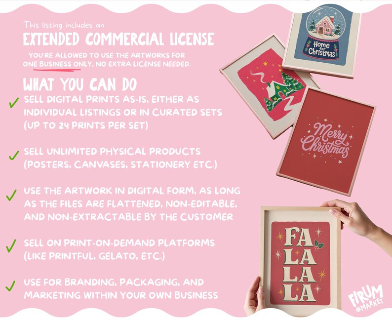 May include: Four framed Christmas-themed art prints on a pink background. The prints feature a snow globe with a house, a winter cabin, the text Merry Christmas, and the text FA LA LA LA. Text on the image details an extended commercial license.