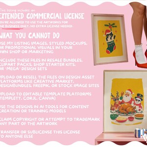 May include: A pink informational graphic detailing an extended commercial license for digital artwork. The text outlines permitted and prohibited uses, accompanied by two framed illustrations of a cat in a stocking and a holiday dinner scene.