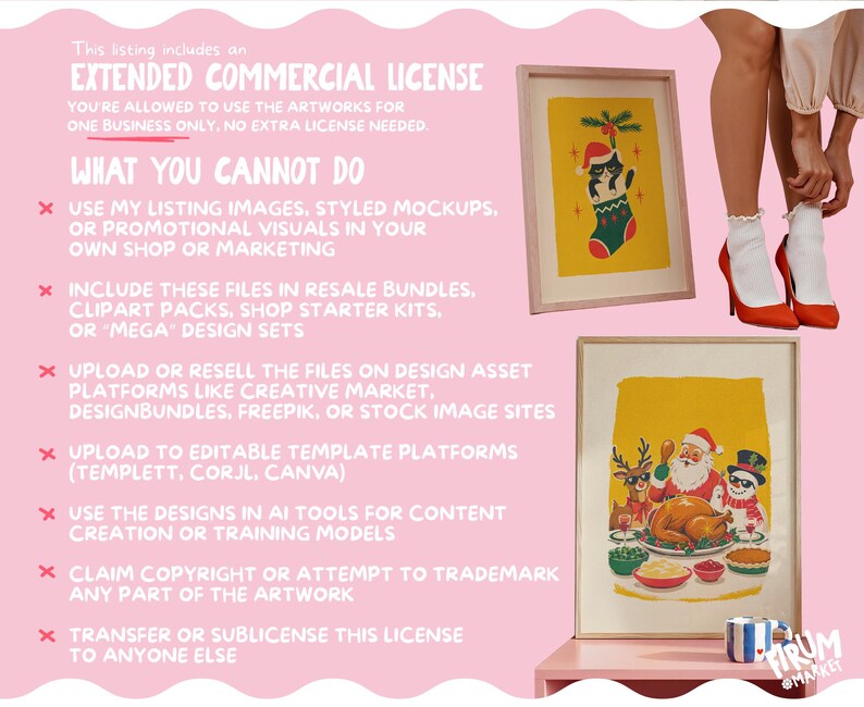 May include: A pink informational graphic detailing an extended commercial license for digital artwork. The text outlines permitted and prohibited uses, accompanied by two framed illustrations of a cat in a stocking and a holiday dinner scene.