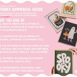 May include: A pink informational graphic detailing an extended commercial license for digital artwork. The text outlines usage rights for digital prints, physical products, and branding. Four framed illustrations featuring ghosts and pumpkins are shown.