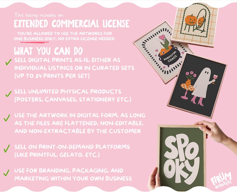 May include: A pink informational graphic detailing an extended commercial license for digital artwork. The text outlines usage rights for digital prints, physical products, and branding. Four framed illustrations featuring ghosts and pumpkins are shown.