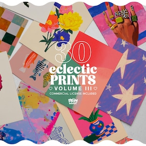 May include: A collection of colorful art prints featuring various illustrations including flowers, stars, a hand with rings, and abstract patterns. The central text reads 30 eclectic PRINTS VOLUME III, with the Firum Market logo at the bottom.
