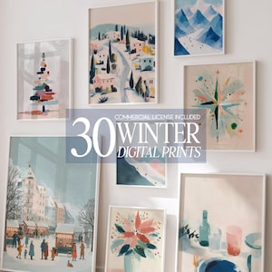 May include: A collection of framed digital prints with winter themes. The artwork features watercolour paintings of snowy landscapes, mountains, and festive scenes. The text "30 WINTER DIGITAL PRINTS" is displayed in the centre.