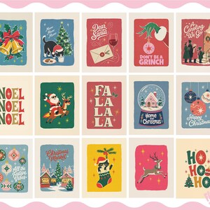 May include: A collection of fifteen rectangular Christmas-themed art prints featuring various festive illustrations including bells, a cat with a tree, Santa, a snow globe, ornaments, and text such as Noel, Fa La La, and Ho Ho Ho in vibrant colors.