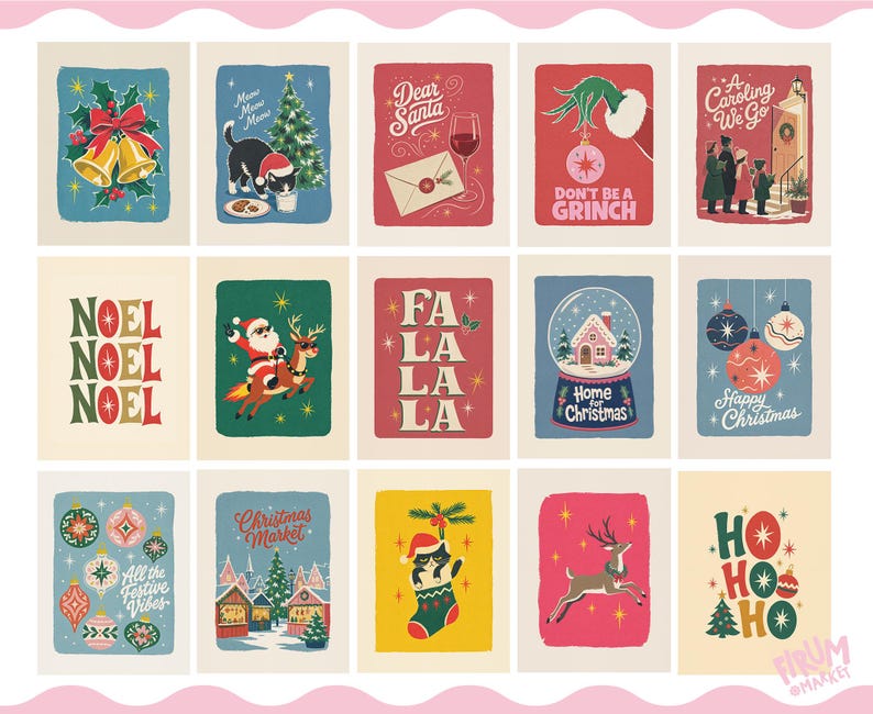 May include: A collection of fifteen rectangular Christmas-themed art prints featuring various festive illustrations including bells, a cat with a tree, Santa, a snow globe, ornaments, and text such as Noel, Fa La La, and Ho Ho Ho in vibrant colors.
