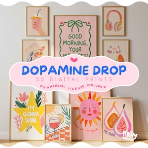 Puede incluir: Una colección de impresiones artísticas enmarcadas con ilustraciones coloridas. Las impresiones incluyen imágenes de una bebida, un sol, un gato y texto que dice "Dopamine Drop" y "I'm Gonna Shine". Las impresiones son de varios tamaños y formas.