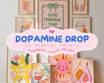 May include: A collection of framed art prints with a variety of colorful illustrations. The prints include images of a drink, a sun, a cat, and text that reads "Dopamine Drop" and "I'm Gonna Shine". The prints are in a variety of sizes and shapes.
