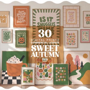 Può includere: Una collezione di 30 stampe digitali con illustrazioni a tema autunnale in arancione, verde e crema. Le stampe mostrano testi come Hello Fall, Have Yourself a Cozy Little Autumn, Is It Snuggles Time, Things Will Fall Into Place e In My Pumpkin Spice Era.