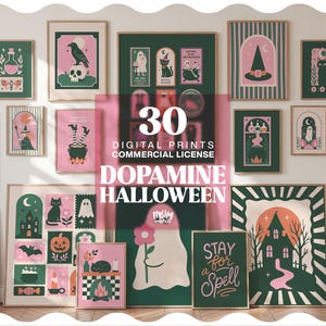 Könnte beinhalten: Eine Sammlung von 30 digitalen Drucken mit Halloween-Motiven in einer Farbpalette aus Rosa und Dunkelgrün. Die Kunstwerke zeigen Illustrationen von Geistern, Katzen, Hexen, Kürbissen und Spukhäusern mit dem Text 30 DIGITAL PRINTS COMMERCIAL LICENSE DOPAMINE HALLOWEEN.