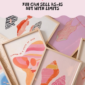 May include: A collection of framed art prints with a summer theme. The prints feature illustrations of fish, a woman in a hat, seashells, and a swimsuit. The text on the image reads "THIS LISTING IS FOR DIGITAL FILES ONLY" and "YOU CAN SELL AS-IS BUT WITH LIMITS."