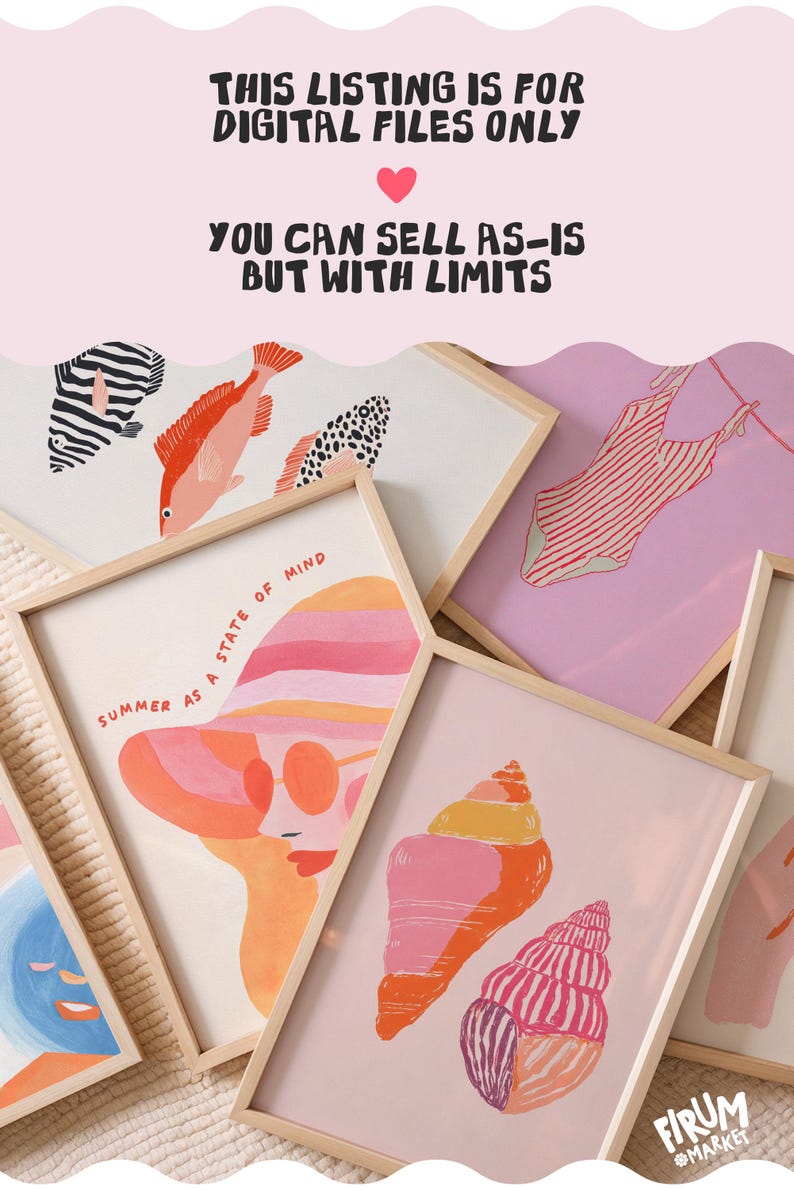 May include: A collection of framed art prints with a summer theme. The prints feature illustrations of fish, a woman in a hat, seashells, and a swimsuit. The text on the image reads "THIS LISTING IS FOR DIGITAL FILES ONLY" and "YOU CAN SELL AS-IS BUT WITH LIMITS."