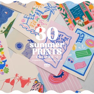 May include: A collection of 30 summer prints with various illustrations, including beach scenes, palm trees, and pool-themed designs. The prints feature vibrant colors and the text "Summer Vibes" and "Meet Me at the Pool".