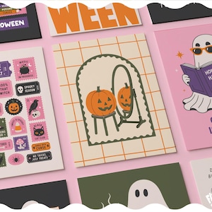 May include: A collection of Halloween-themed art prints featuring various illustrations including a pumpkin sitting on a stool in front of a mirror, a ghost reading a book titled How to Haunt & Not Apologize, and a sheet of colorful spooky postage stamps.